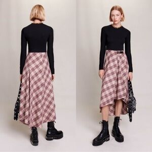 Maje Black and Pink Plaid Midi Dress